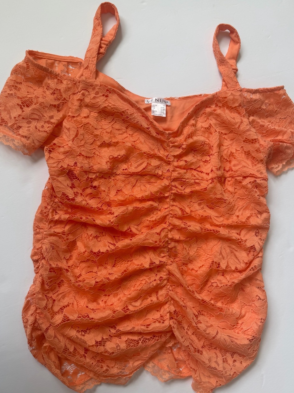 VENUS Coral Lace Cold Shoulder Ruched Blouse Top Size Large L